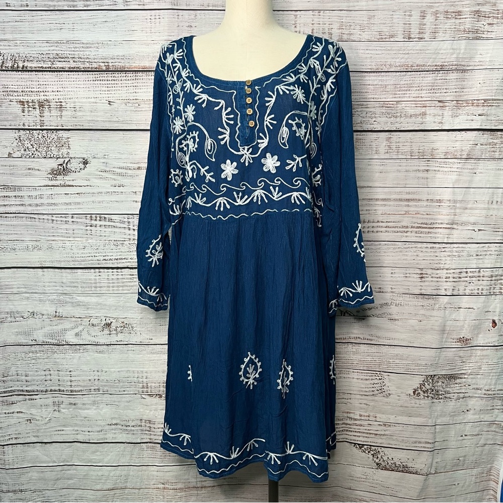 Riviera Sun 2X Blue Mini‎ Dress Embroidered Rayon Long Sleeve Dress NEW